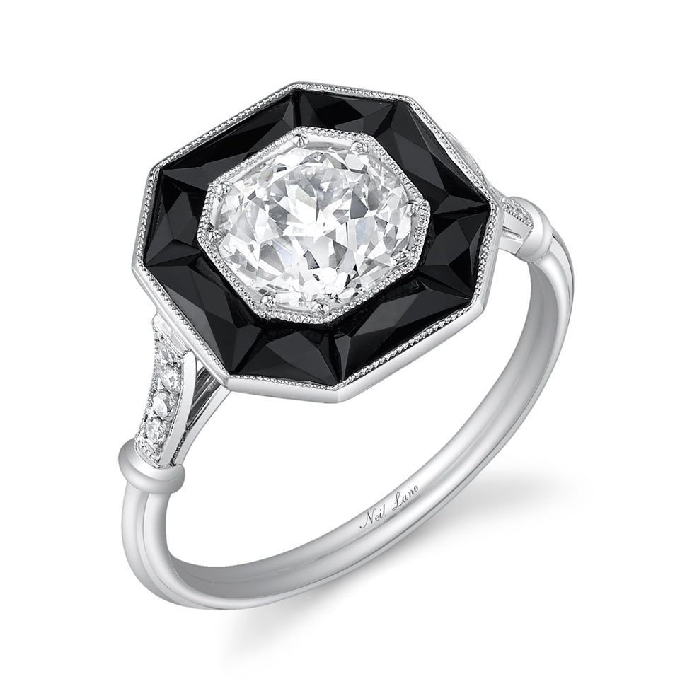 Neil Lane Couture Art Deco Style Old European-Cut Diamond, Onyx, Platinum  Ring