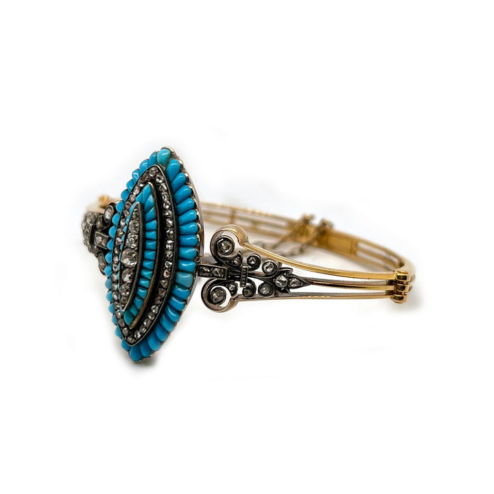 Antique Turquoise, Diamond, 18k  Gold Hinged Bangle Bracelet,