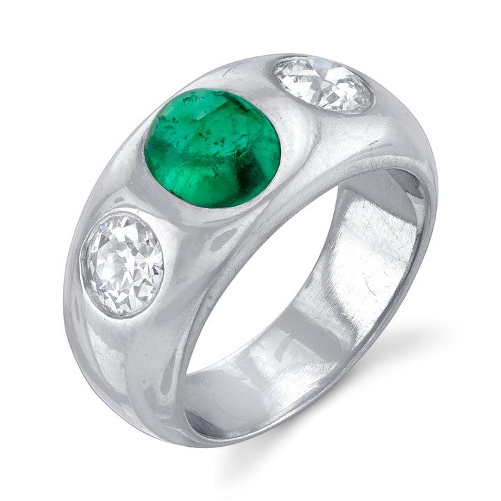 Art Deco Cabochon Emerald, Diamond, Platinum Ring