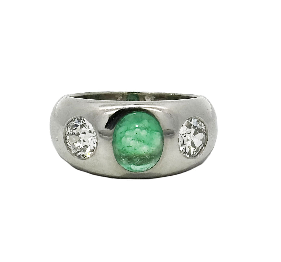 Art Deco Cabochon Emerald, Diamond, Platinum Ring