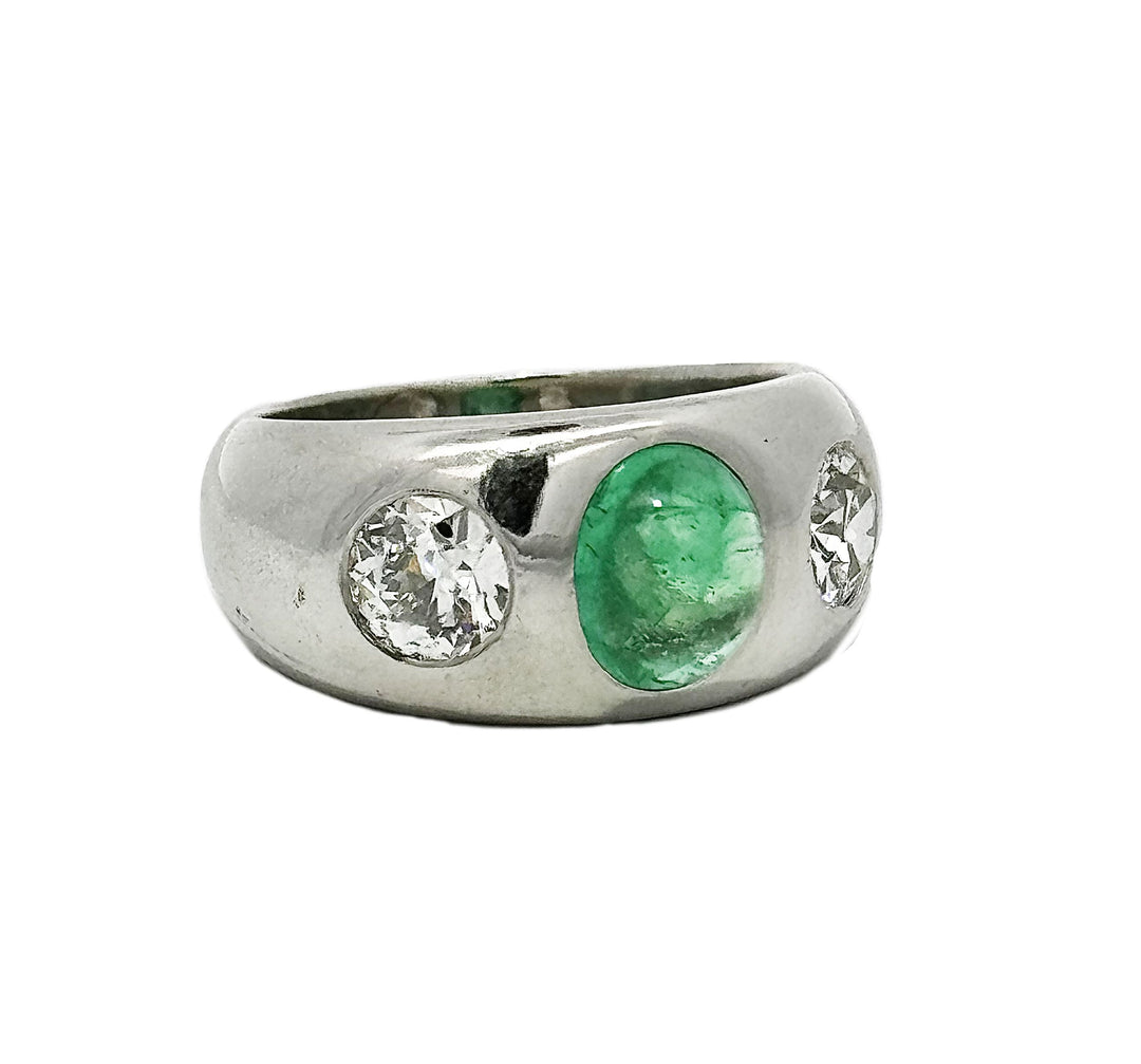 Art Deco Cabochon Emerald, Diamond, Platinum Ring