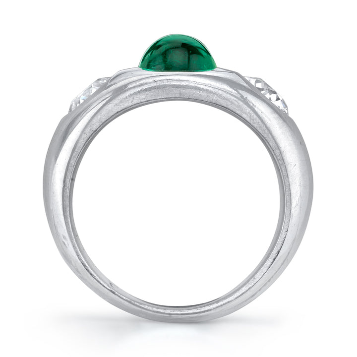 Art Deco Cabochon Emerald, Diamond, Platinum Ring