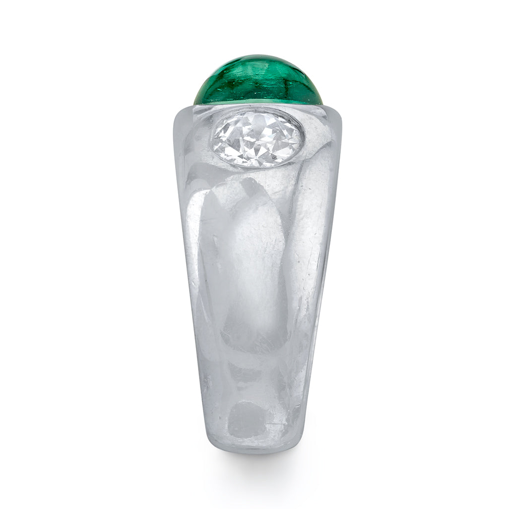 Art Deco Cabochon Emerald, Diamond, Platinum Ring