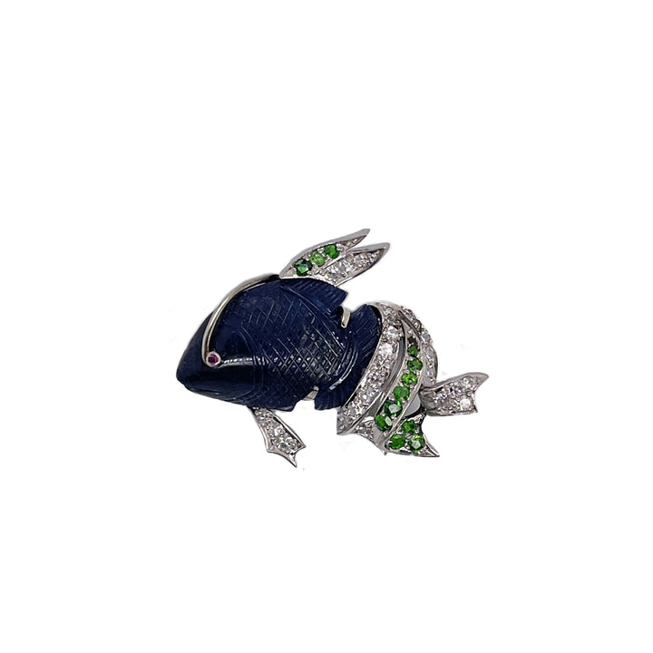 Art Deco Sapphire, Diamond, Demantoid Garnet, Ruby Fish Brooch