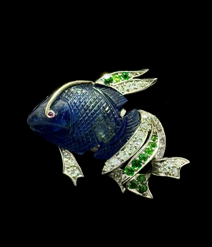 Art Deco Sapphire, Diamond, Demantoid Garnet, Ruby Fish Brooch