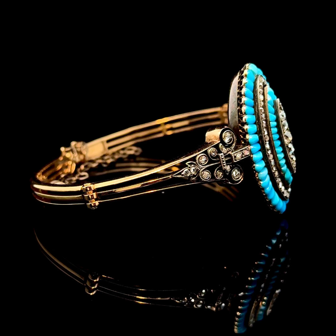 Antique Turquoise, Diamond, 18k  Gold Hinged Bangle Bracelet,