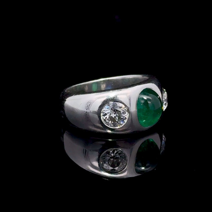 Art Deco Cabochon Emerald, Diamond, Platinum Ring