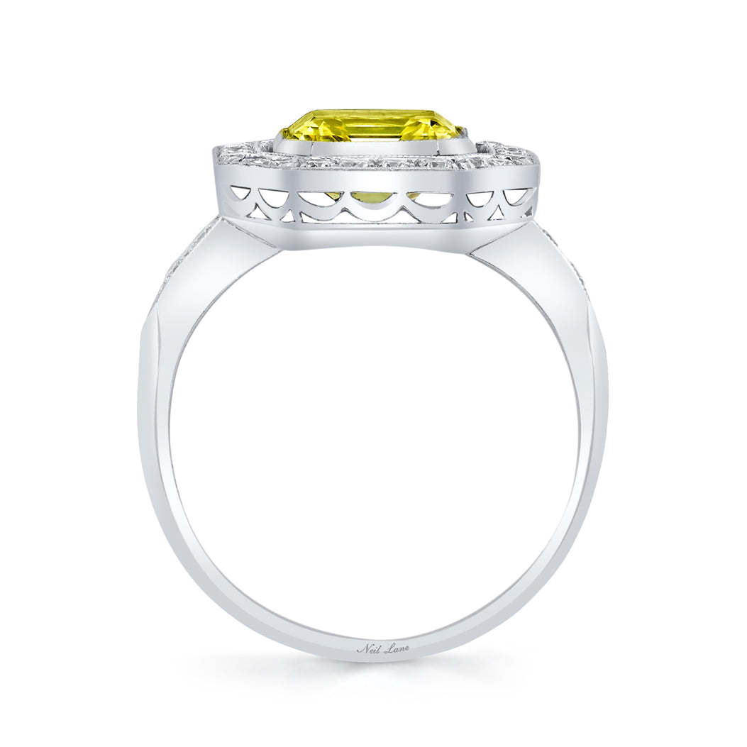Neil Lane Couture Fancy Yellow Color Square Emerald-Cut Diamond, Platinum Ring